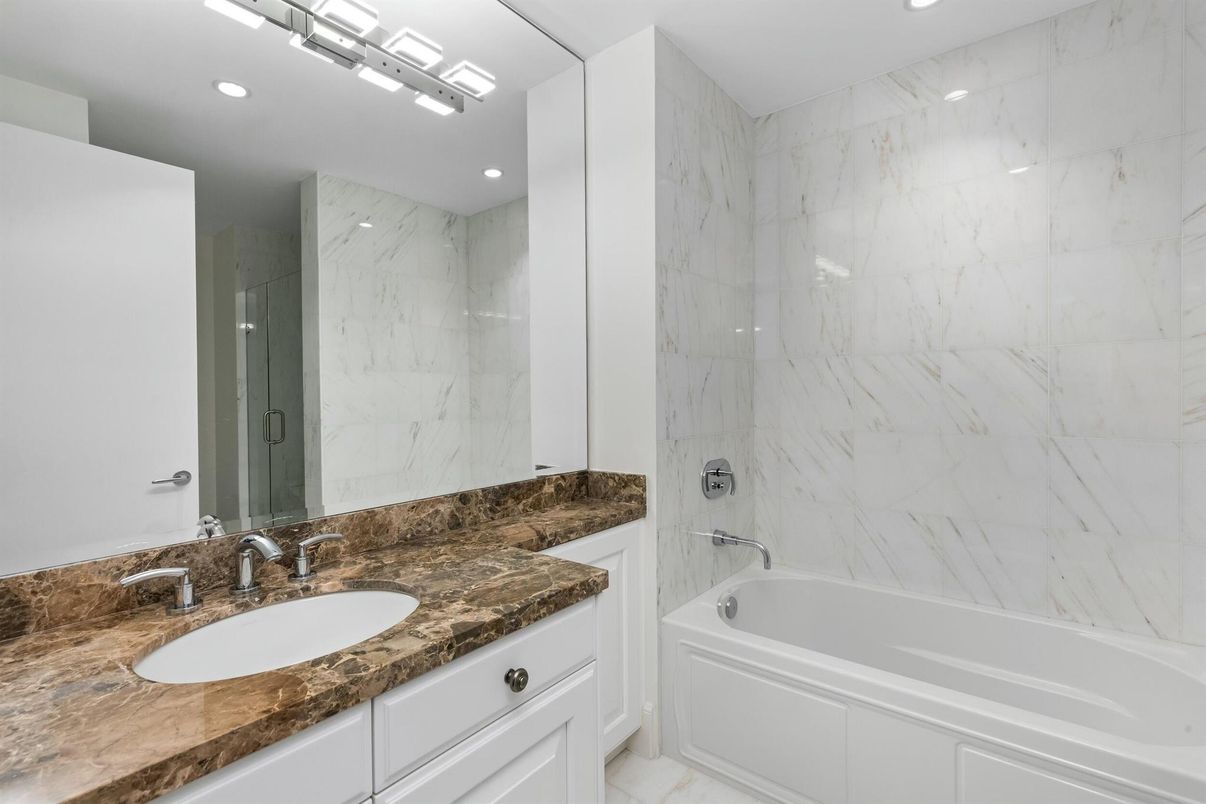 Bathroom, Dual Sink Vanities, Interior, Marble Walls, Recessed Lighting