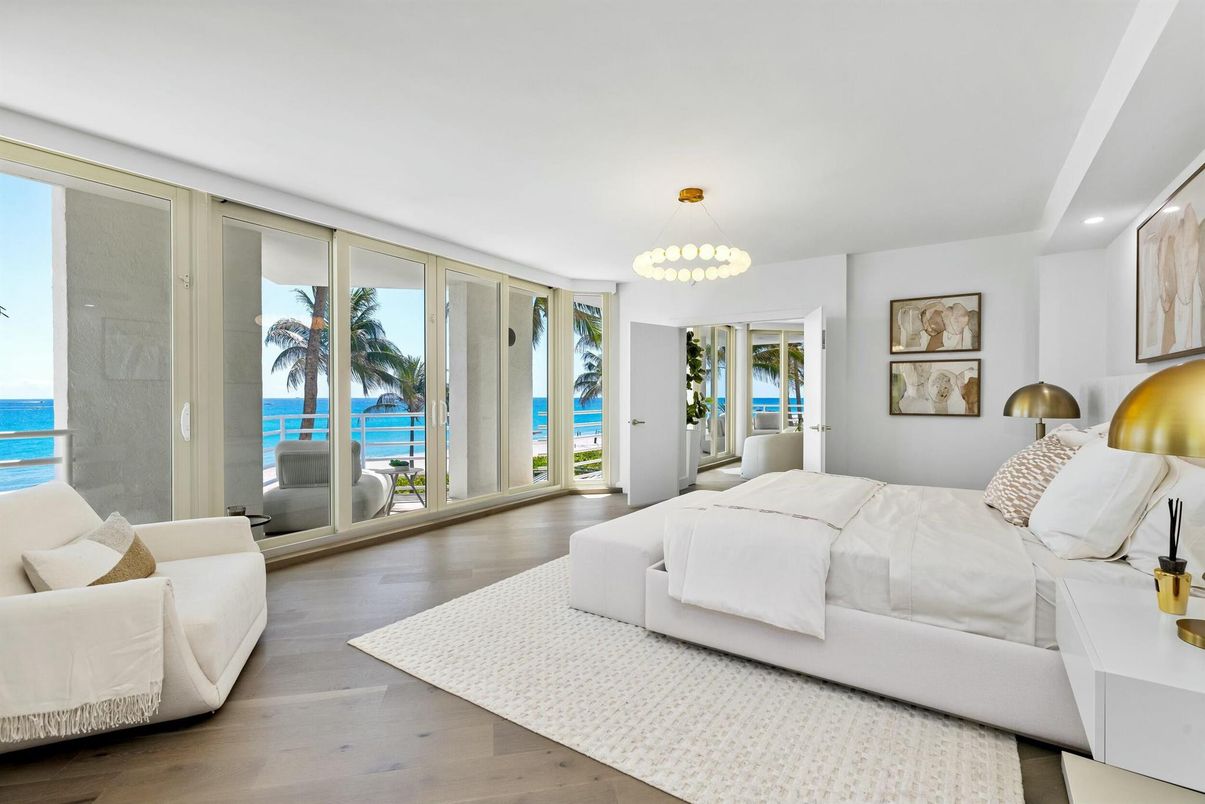 Bedroom, Chandelier, Interior, Recessed Lighting, Water, Wood Texture Flooring