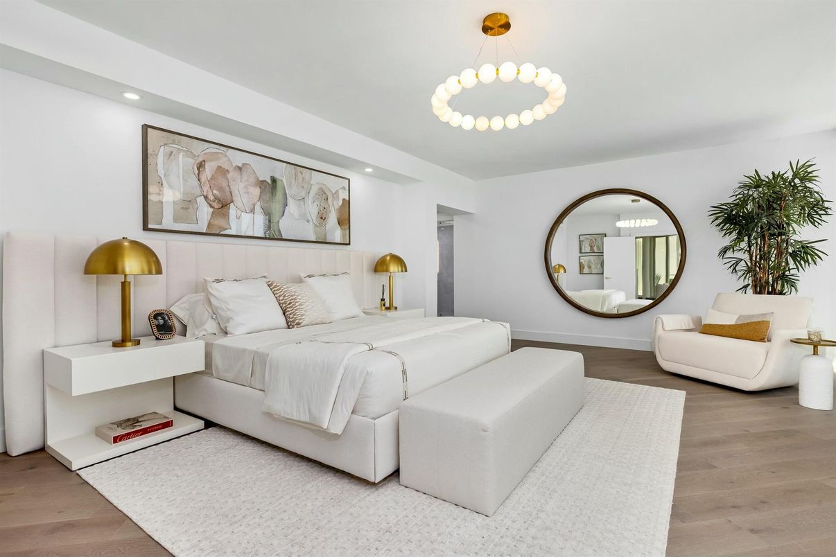 Bedroom, Interior, Pendant Lights, Recessed Lighting, Wood Texture Flooring