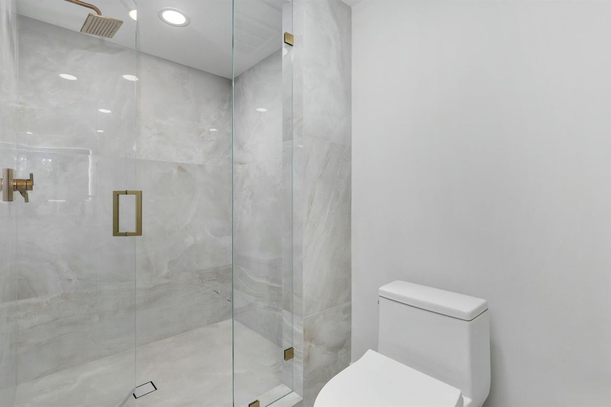 Bathroom, Glass Shower, Interior, Marble Walls, Recessed Lighting