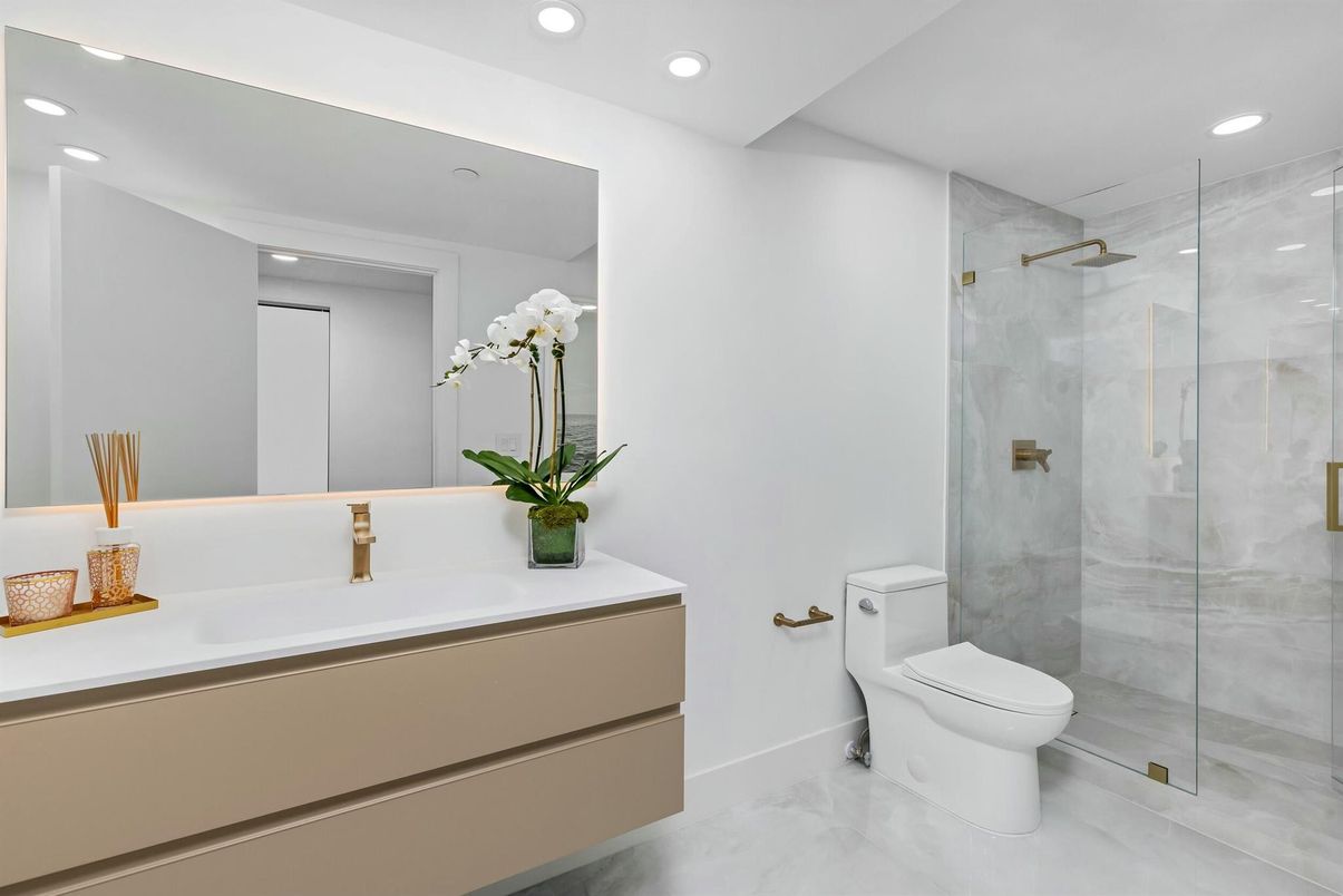 Bathroom, Glass Shower, Interior, Marble, Recessed Lighting