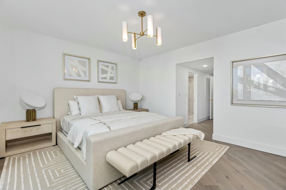 Bedroom, Interior, Pendant Lights, Recessed Lighting, Wood Texture Flooring