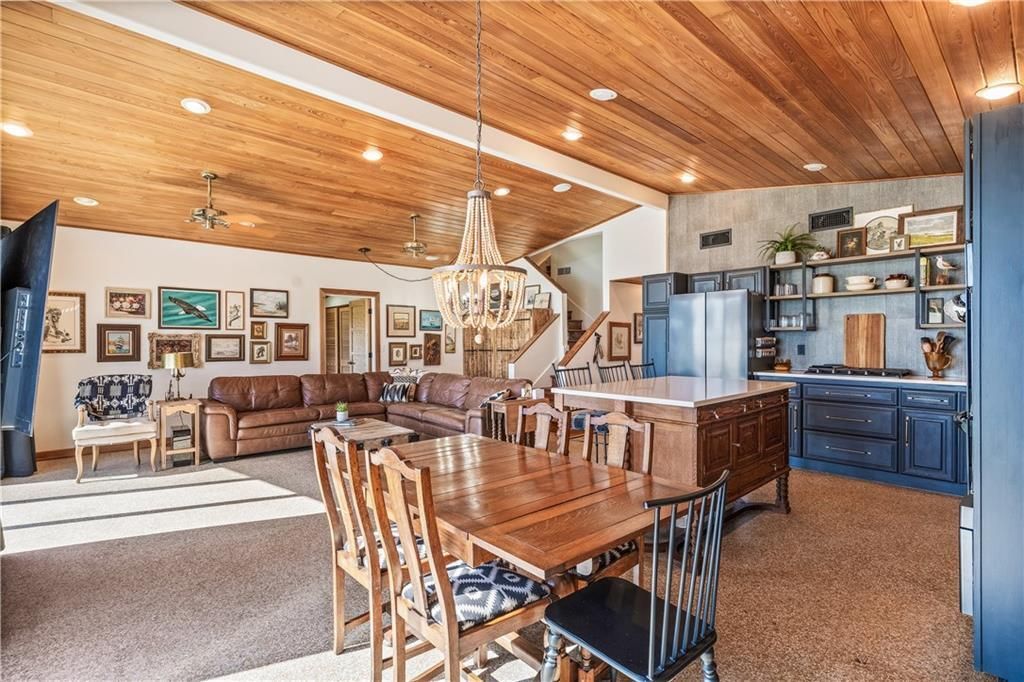 Chandelier, Dining room, Interior, Kitchen, Living room, Pendant Lights, Recessed Lighting, Wooden Ceilings