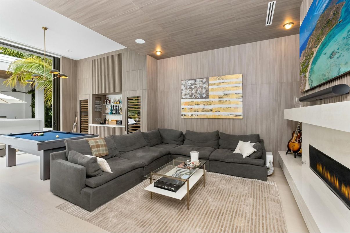 Billiard Table, Fireplace, Game Room, Interior, Living room, Pendant Lights, Recessed Lighting