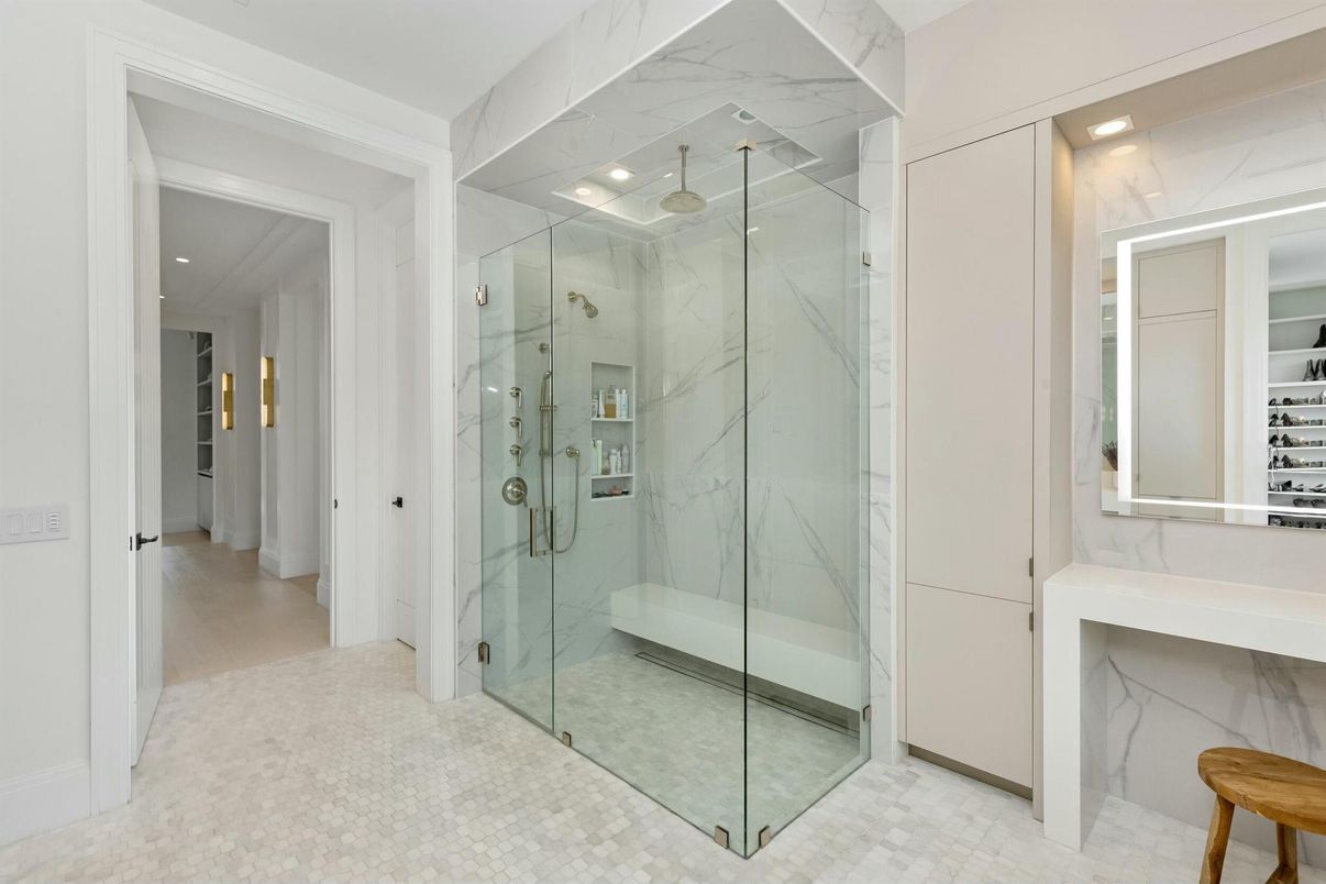 Bathroom, Glass Shower, Interior, Marble Walls, Recessed Lighting