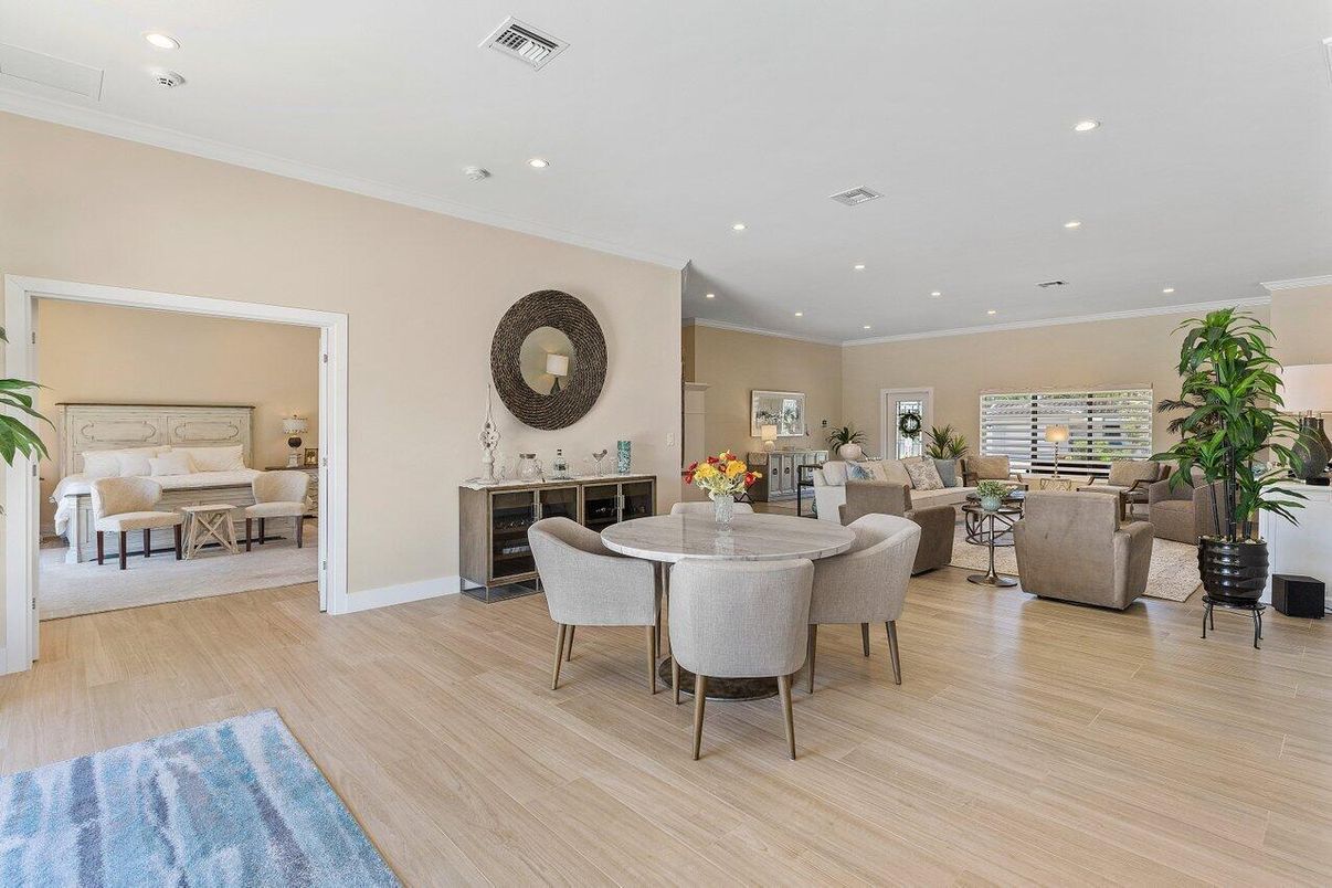 Dining room, Interior, Living room, Recessed Lighting, Wood Texture Flooring