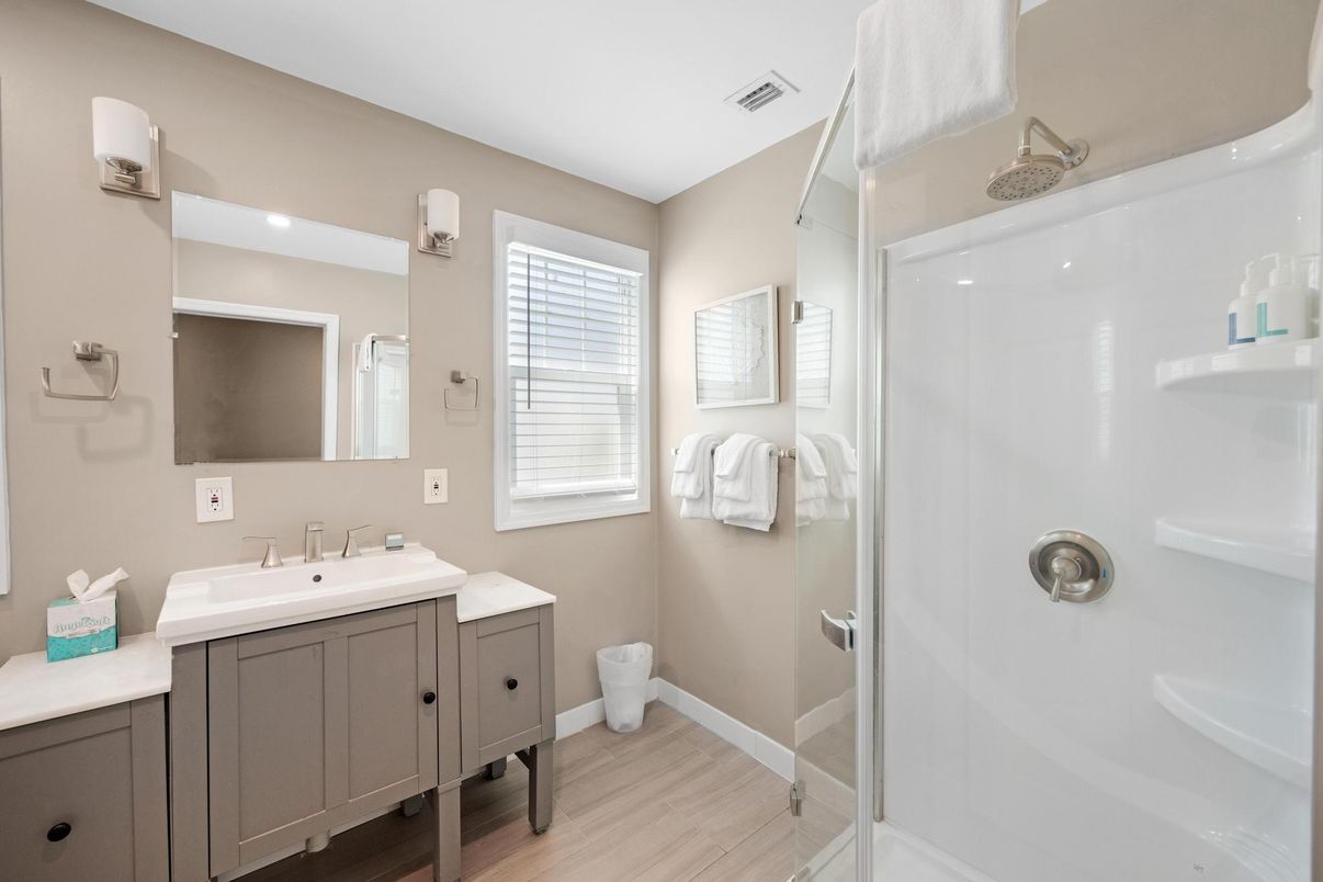 Bathroom, Interior, Recessed Lighting, Wood Texture Flooring