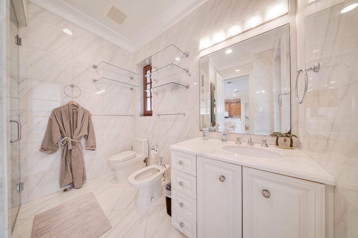 Bathroom, Glass Shower, Interior, Marble, Marble Walls, Recessed Lighting