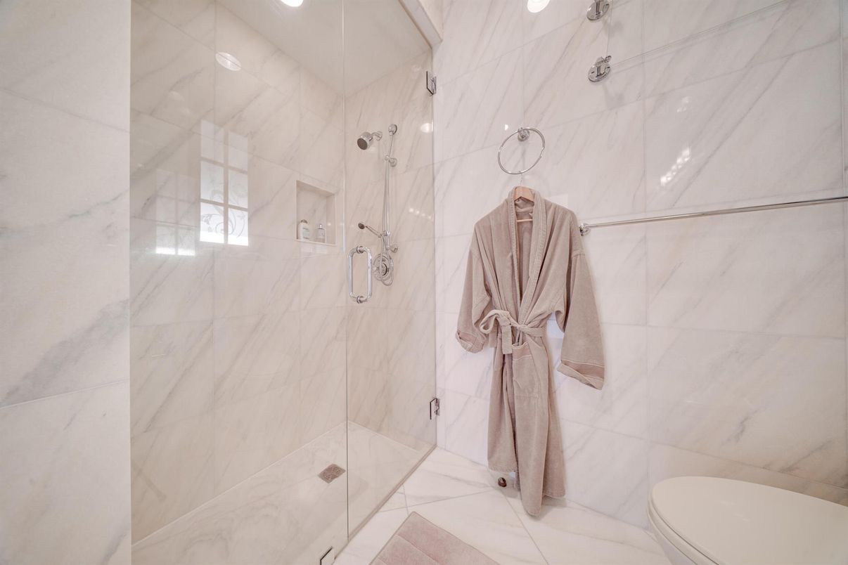 Bathroom, Glass Shower, Interior, Marble Walls, Recessed Lighting