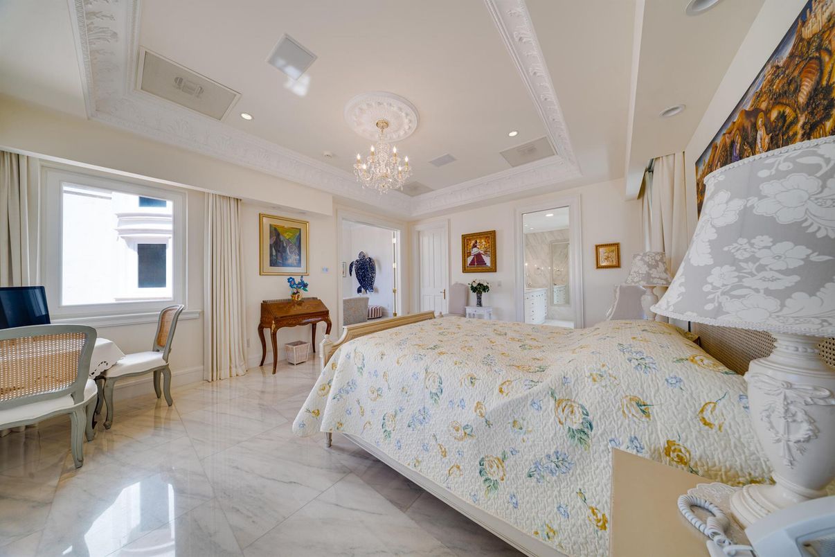 Bedroom, Chandelier, Interior, Marble, Recessed Lighting