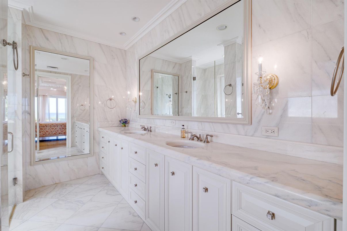 Bathroom, Dual Sink Vanities, Interior, Marble, Marble Walls, Recessed Lighting