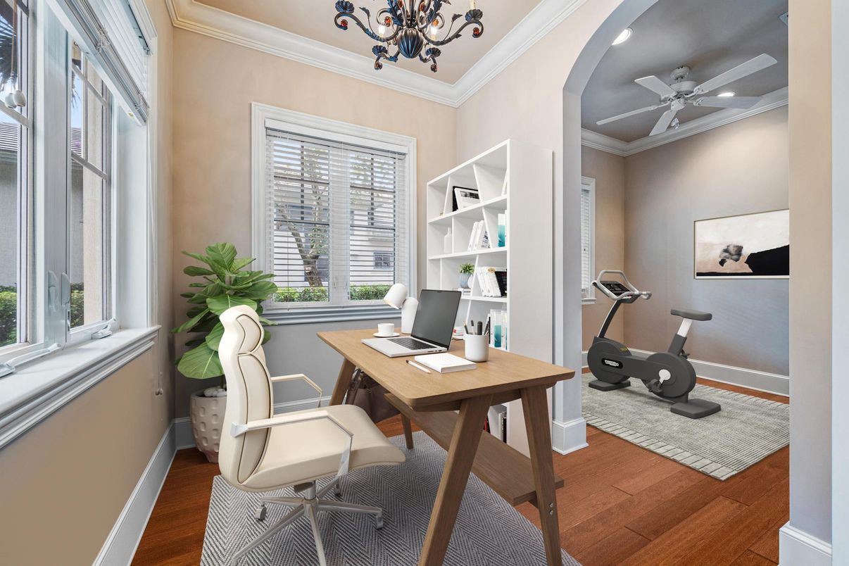 Fitness Equipment, Home Office, Interior, Recessed Lighting, Wood Texture Flooring