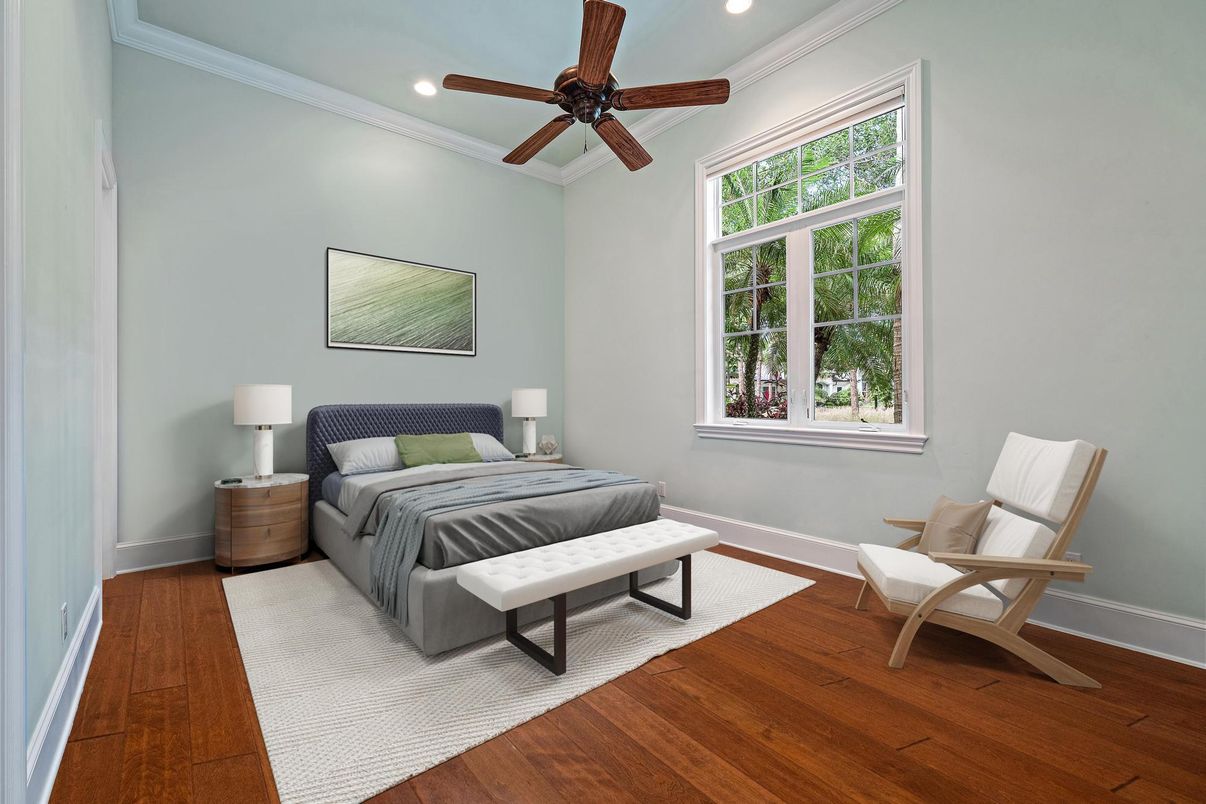 Bedroom, Interior, Recessed Lighting, Wood Texture Flooring