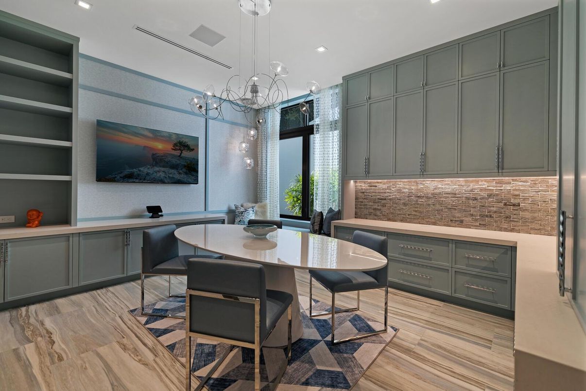 Dining room, Interior, Pendant Lights, Recessed Lighting, Wood Texture Flooring