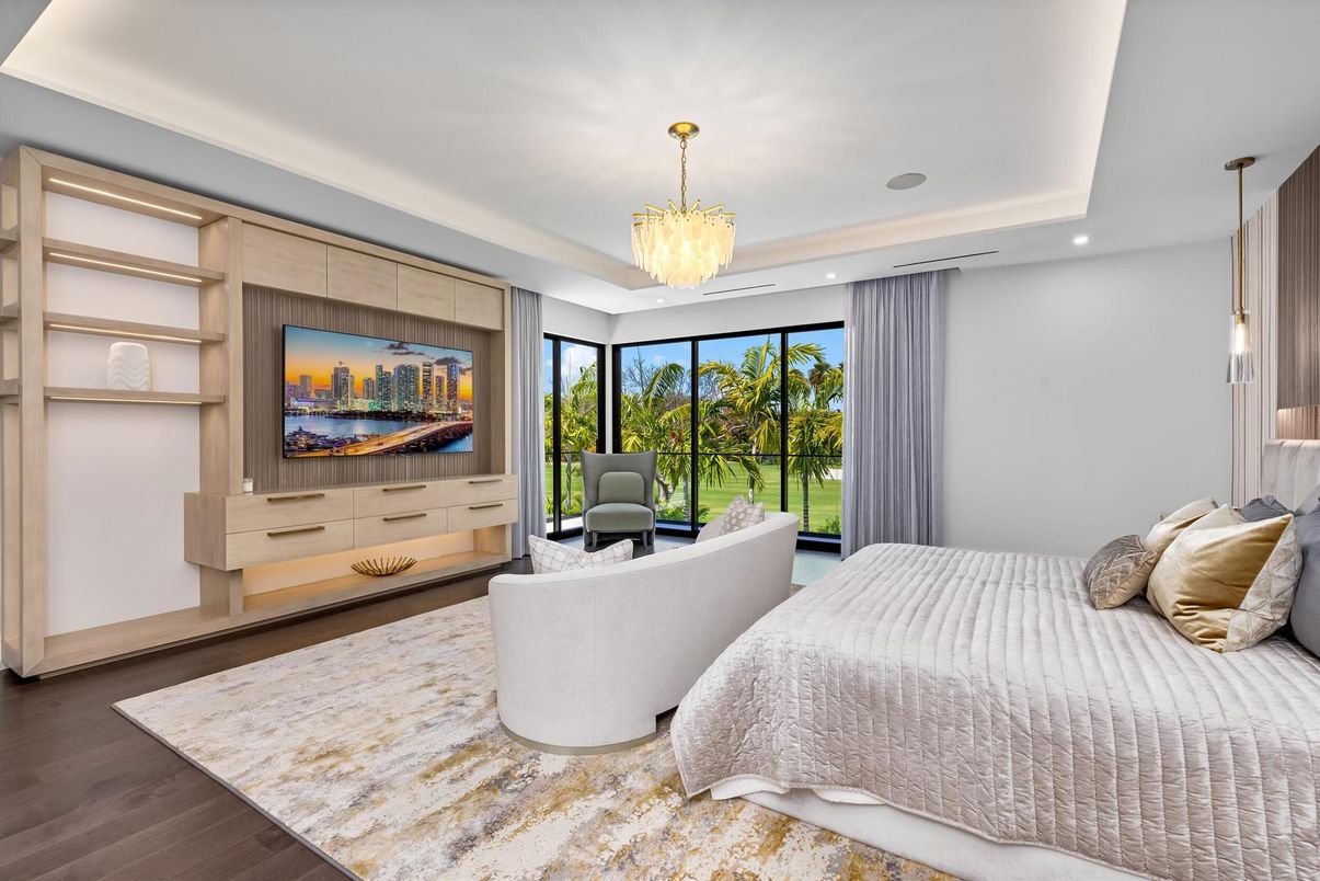 Bedroom, Chandelier, Interior, Pendant Lights, Recessed Lighting, Wood Texture Flooring