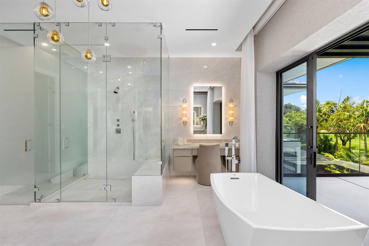Bathroom, Free Standing Baths, Glass Shower, Interior, Recessed Lighting