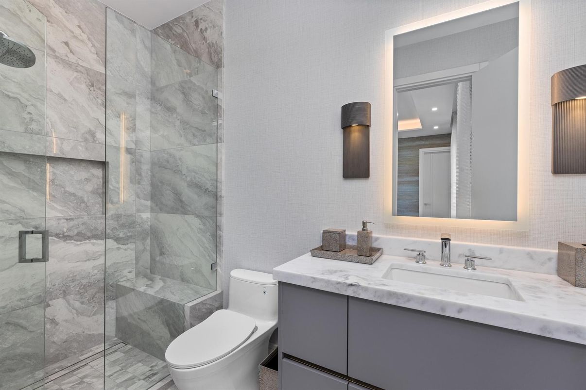 Bathroom, Glass Shower, Interior, Marble Walls, Recessed Lighting