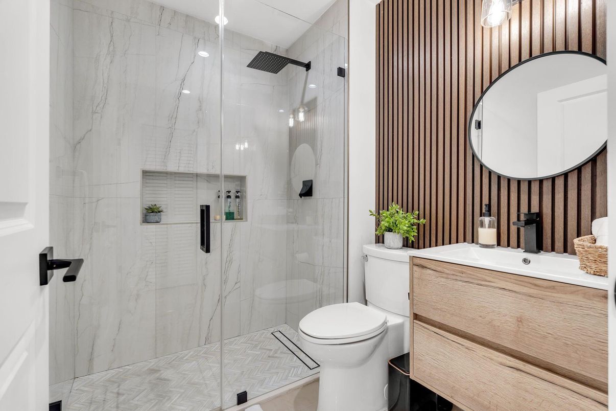Bathroom, Glass Shower, Interior, Marble Walls