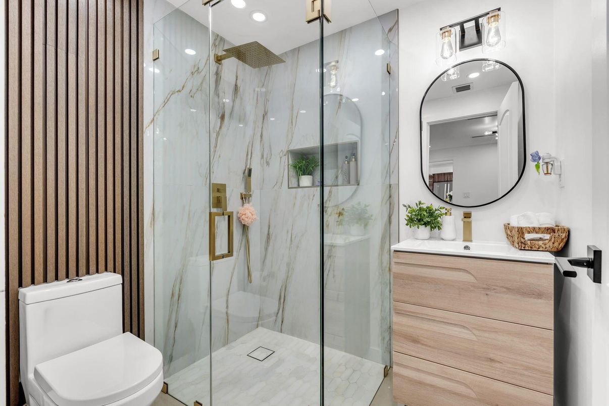 Bathroom, Glass Shower, Interior, Marble Walls, Recessed Lighting