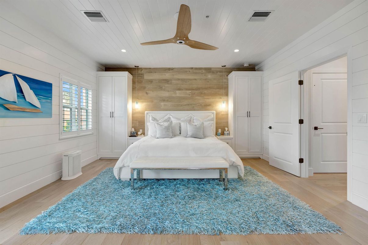 Bedroom, Interior, Recessed Lighting, Wood Texture Flooring, Wooden Walls