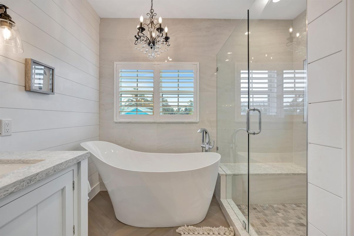 Bathroom, Chandelier, Free Standing Baths, Glass Shower, Interior