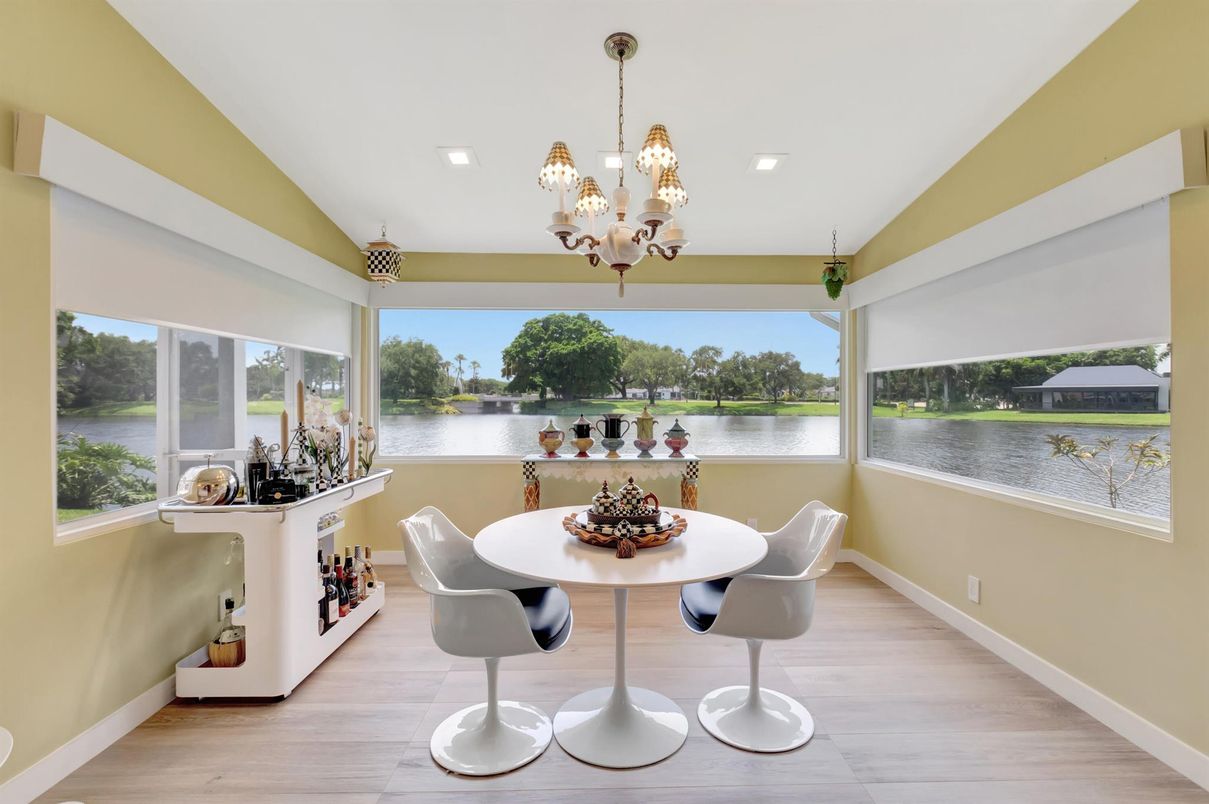 Chandelier, Dining room, Interior, Recessed Lighting, Water, Wood Texture Flooring
