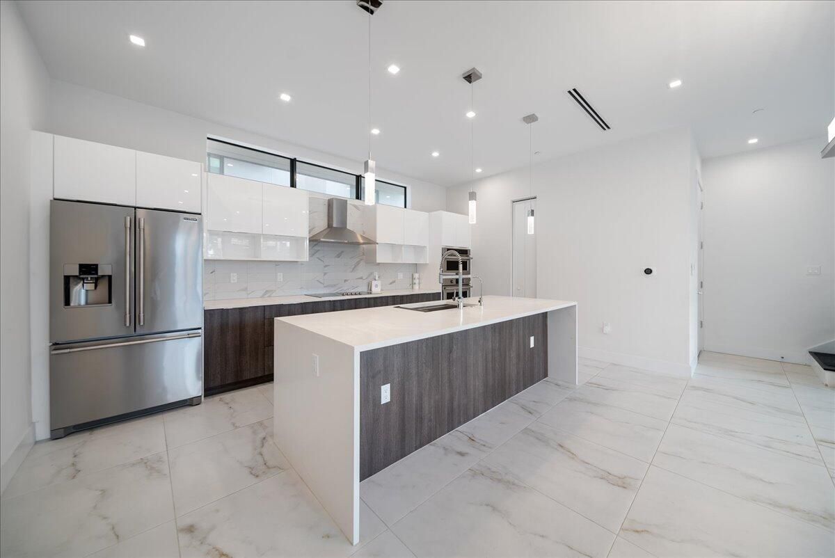 Interior, Kitchen, Marble, Pendant Lights, Recessed Lighting, Stainless Steel Appliances