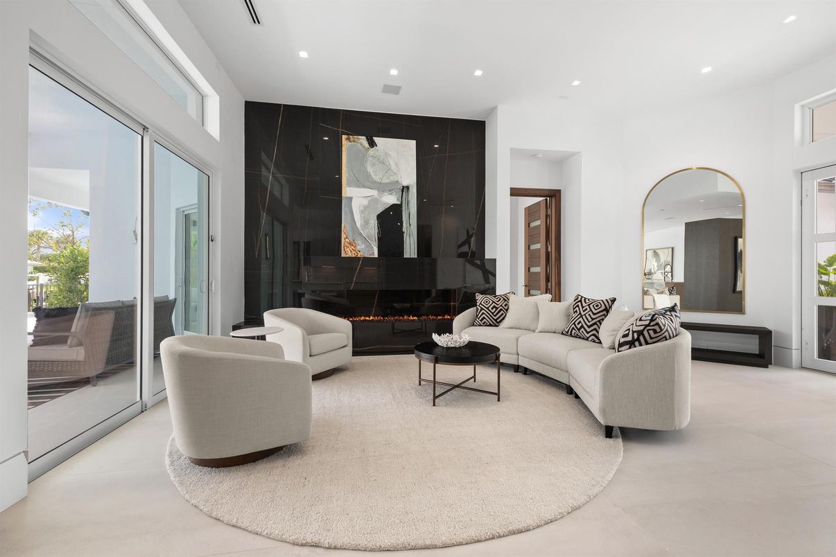 Fireplace, Interior, Living room, Marble Walls, Recessed Lighting