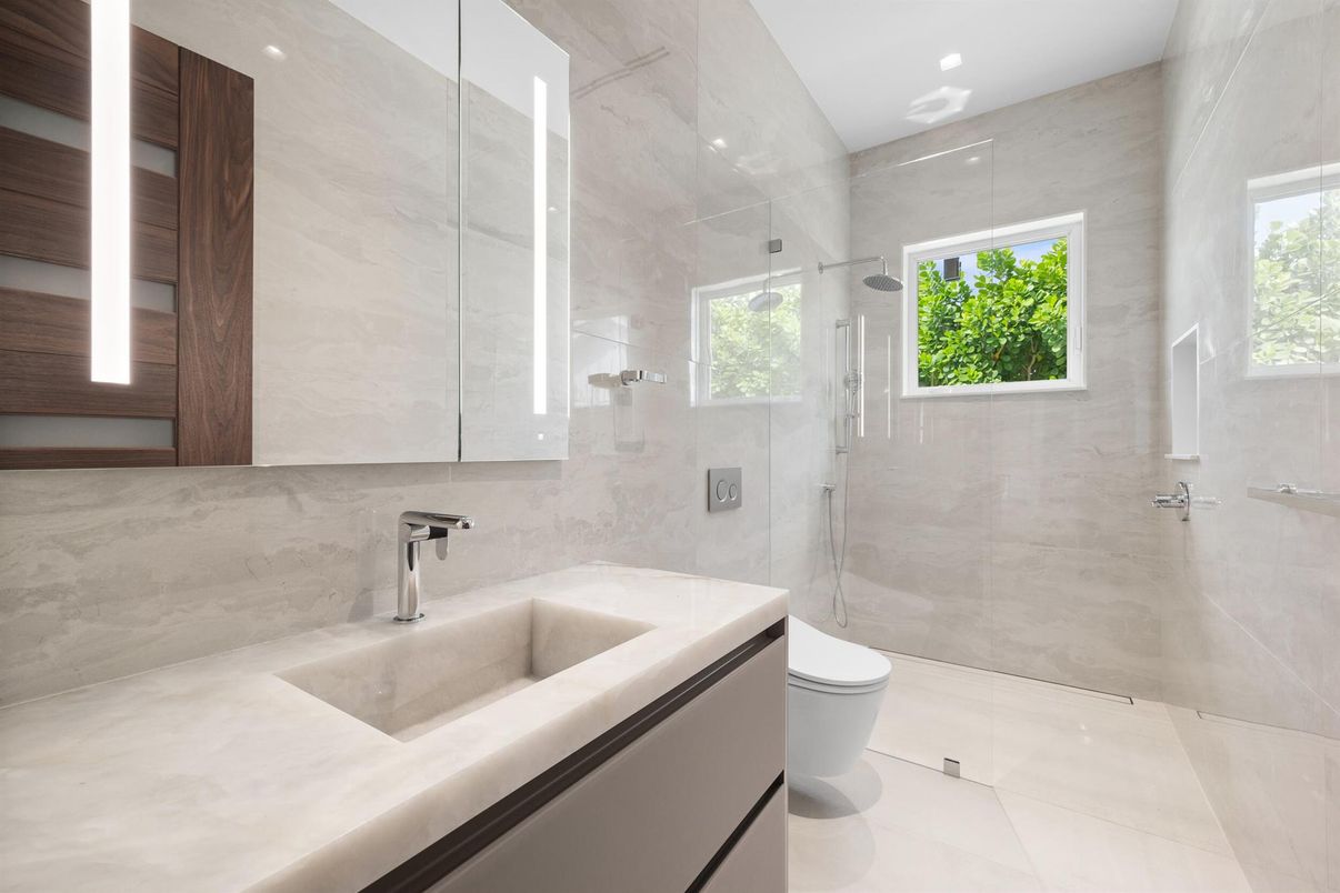 Bathroom, Glass Shower, Interior, Marble Walls, Recessed Lighting
