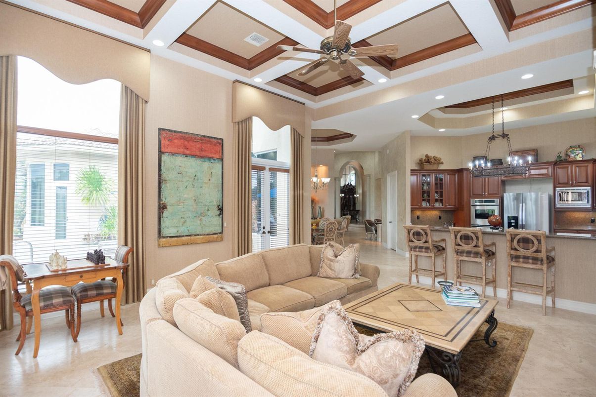 Chandelier, Dining room, Interior, Kitchen, Living room, Recessed Lighting, Stainless Steel Appliances