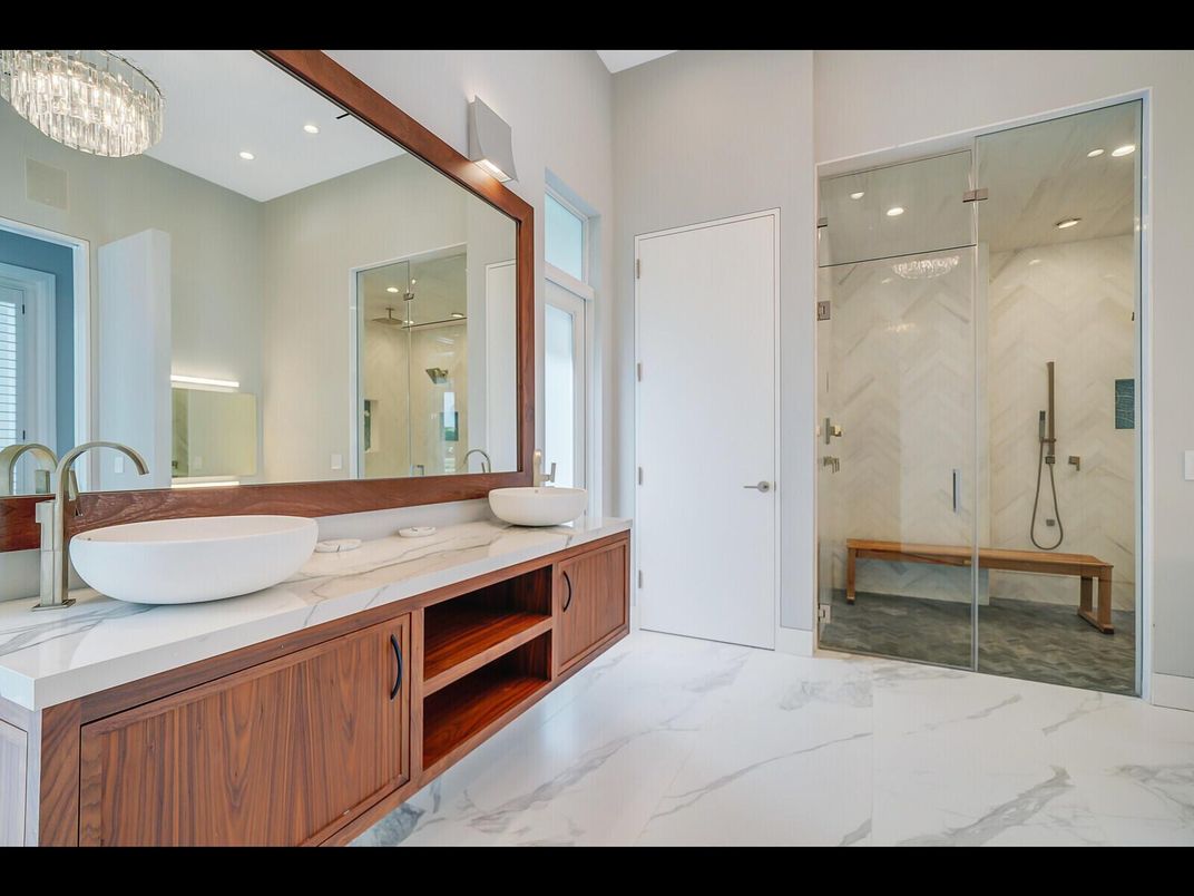 Bathroom, Dual Sink Vanities, Glass Shower, Interior, Marble, Recessed Lighting
