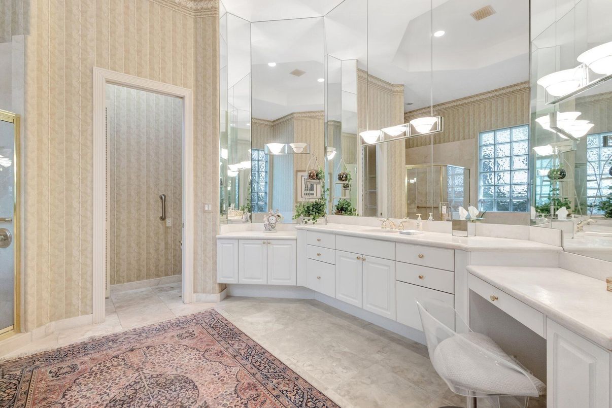 Bathroom, Dual Sink Vanities, Glass Shower, Interior, Pendant Lights, Recessed Lighting