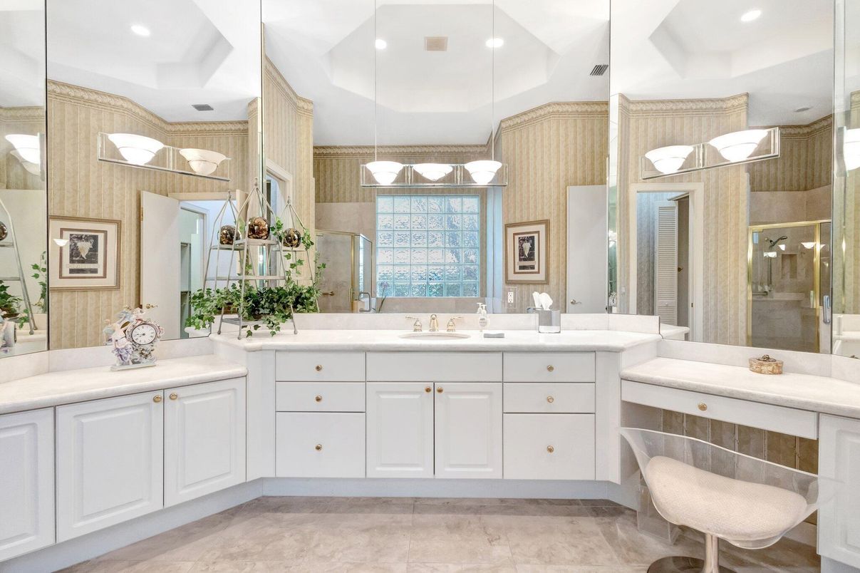 Bathroom, Dual Sink Vanities, Glass Shower, Interior, Pendant Lights, Recessed Lighting