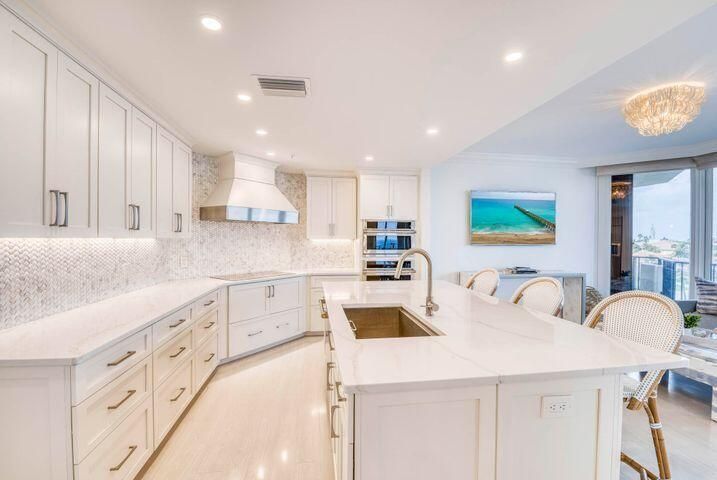 Chandelier, Interior, Kitchen, Recessed Lighting, Stainless Steel Appliances, Wood Texture Flooring