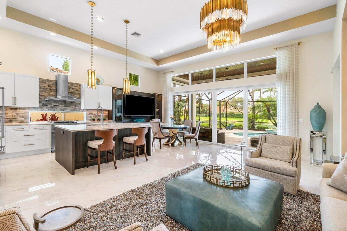 Chandelier, Dining room, Interior, Kitchen, Living room, Marble, Pendant Lights, Recessed Lighting