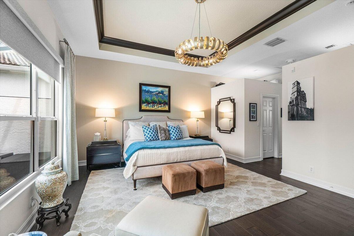 Bedroom, Interior, Pendant Lights, Wood Texture Flooring