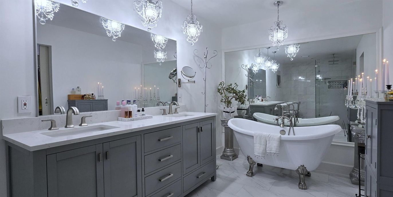 Bathroom, Dual Sink Vanities, Free Standing Baths, Glass Shower, Interior, Marble, Pendant Lights