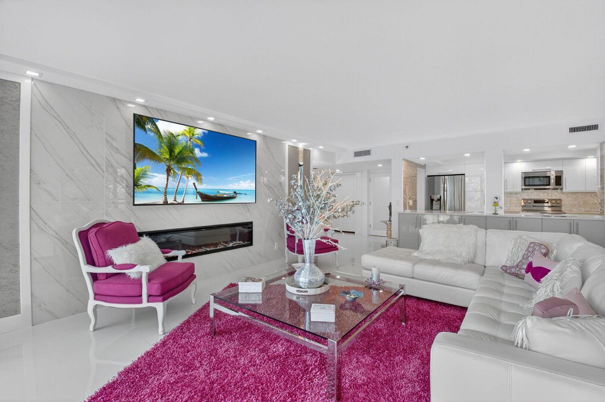 Fireplace, Interior, Kitchen, Living room, Marble Walls, Recessed Lighting, Stainless Steel Appliances
