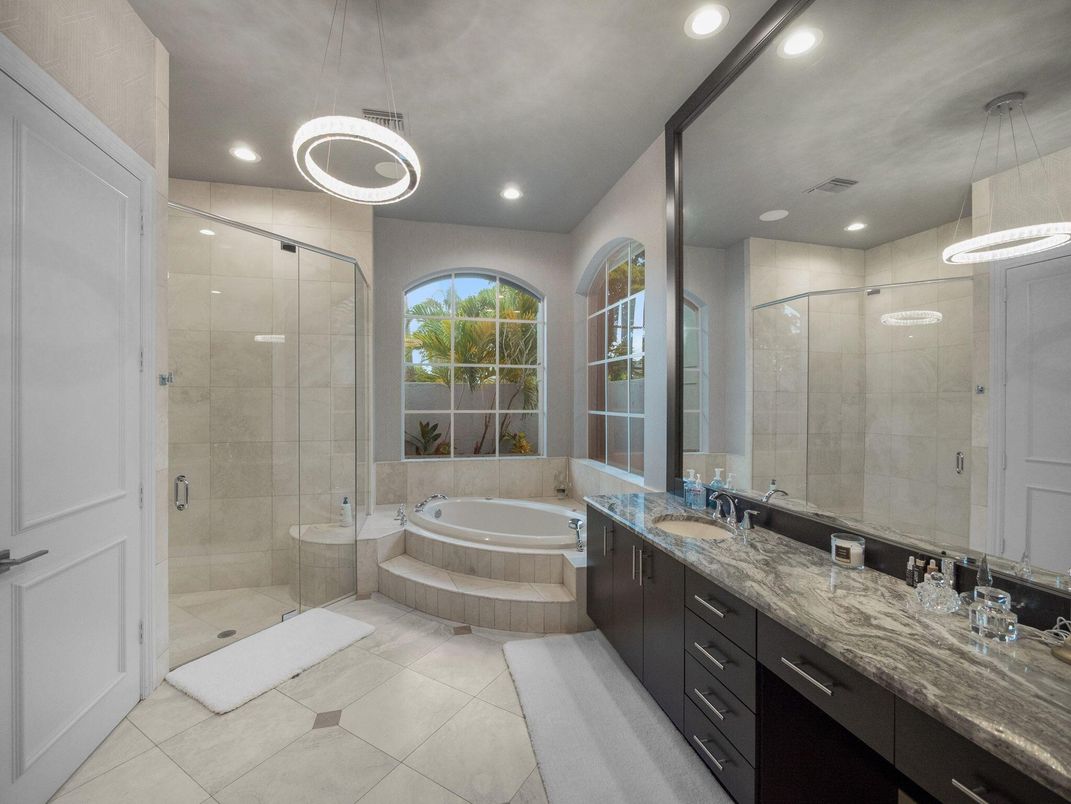 Bathroom, Dual Sink Vanities, Glass Shower, Interior, Pendant Lights, Recessed Lighting
