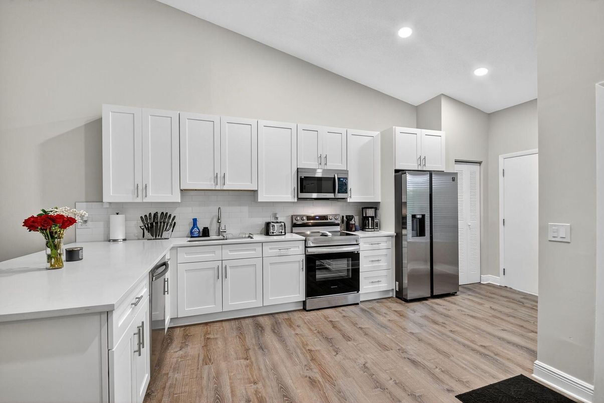 Interior, Kitchen, Recessed Lighting, Stainless Steel Appliances, Wood Texture Flooring