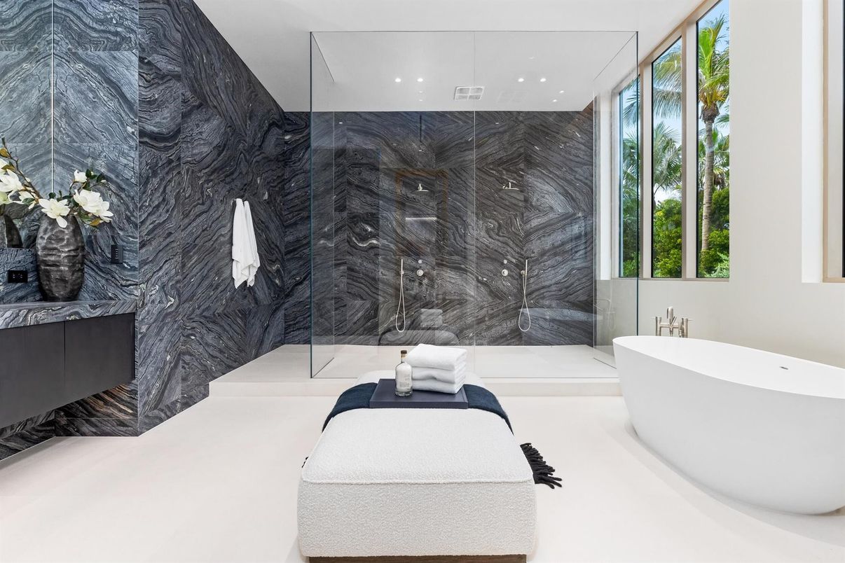 Bathroom, Free Standing Baths, Glass Shower, Interior, Marble Walls, Recessed Lighting