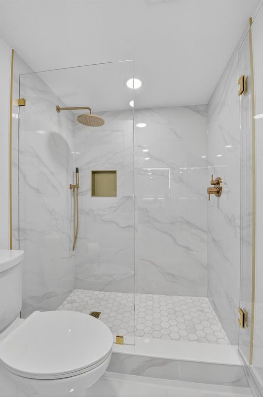 Bathroom, Glass Shower, Interior, Marble Walls, Recessed Lighting