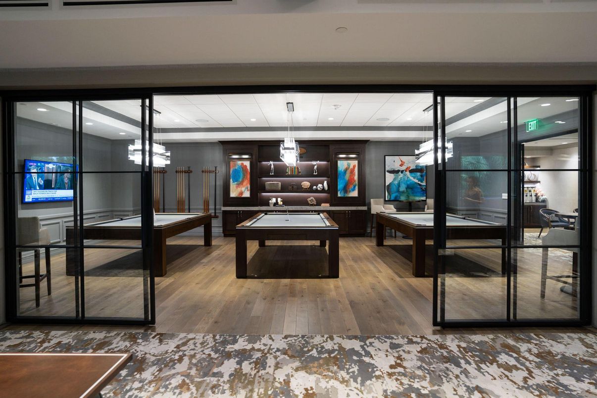 Billiard Table, Game Room, Interior, Pendant Lights, Wood Texture Flooring
