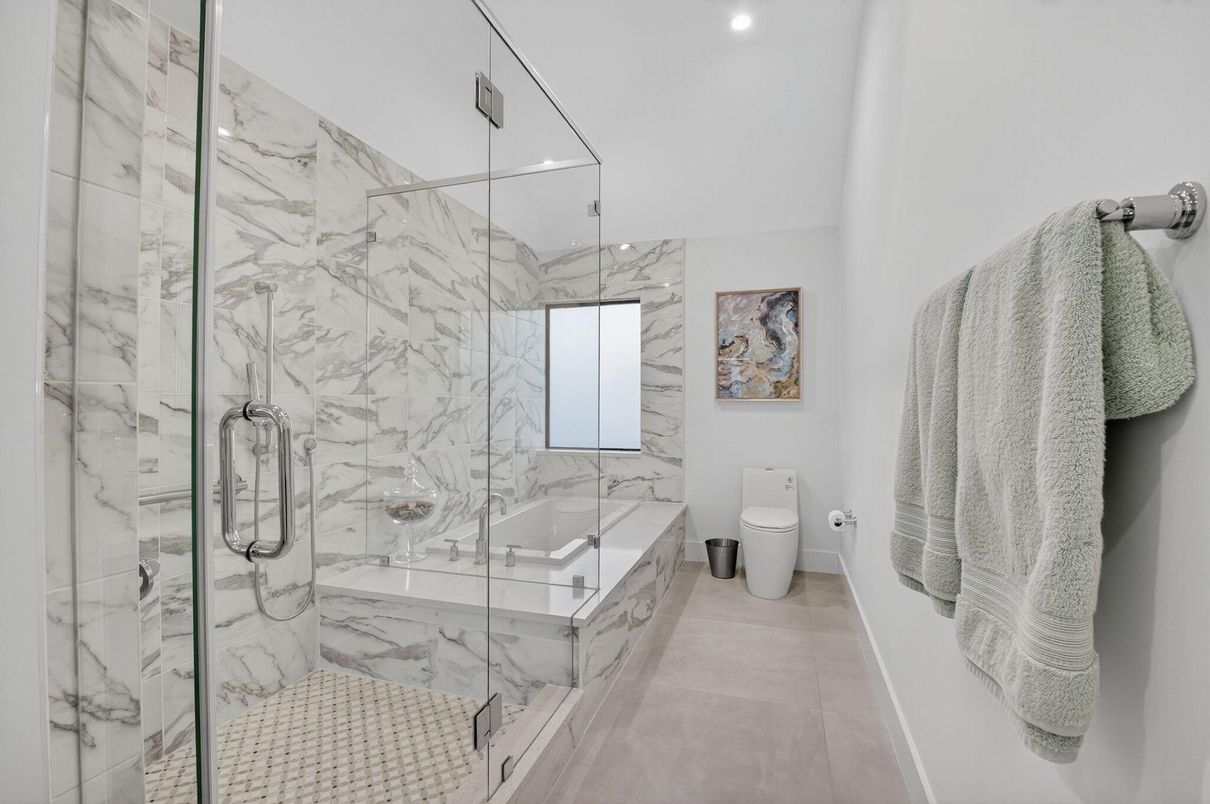 Bathroom, Glass Shower, Interior, Marble Walls, Recessed Lighting