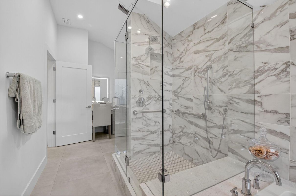 Bathroom, Glass Shower, Interior, Marble Walls, Recessed Lighting