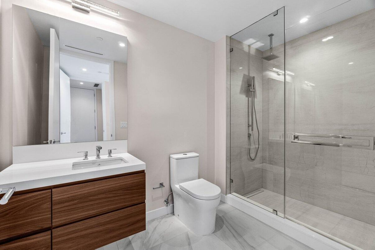 Bathroom, Glass Shower, Interior, Marble, Recessed Lighting