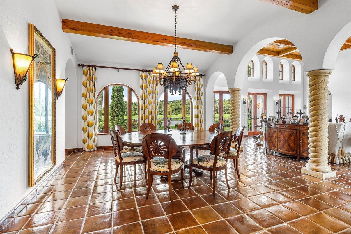 Chandelier, Dining room, Interior, Wooden Beams