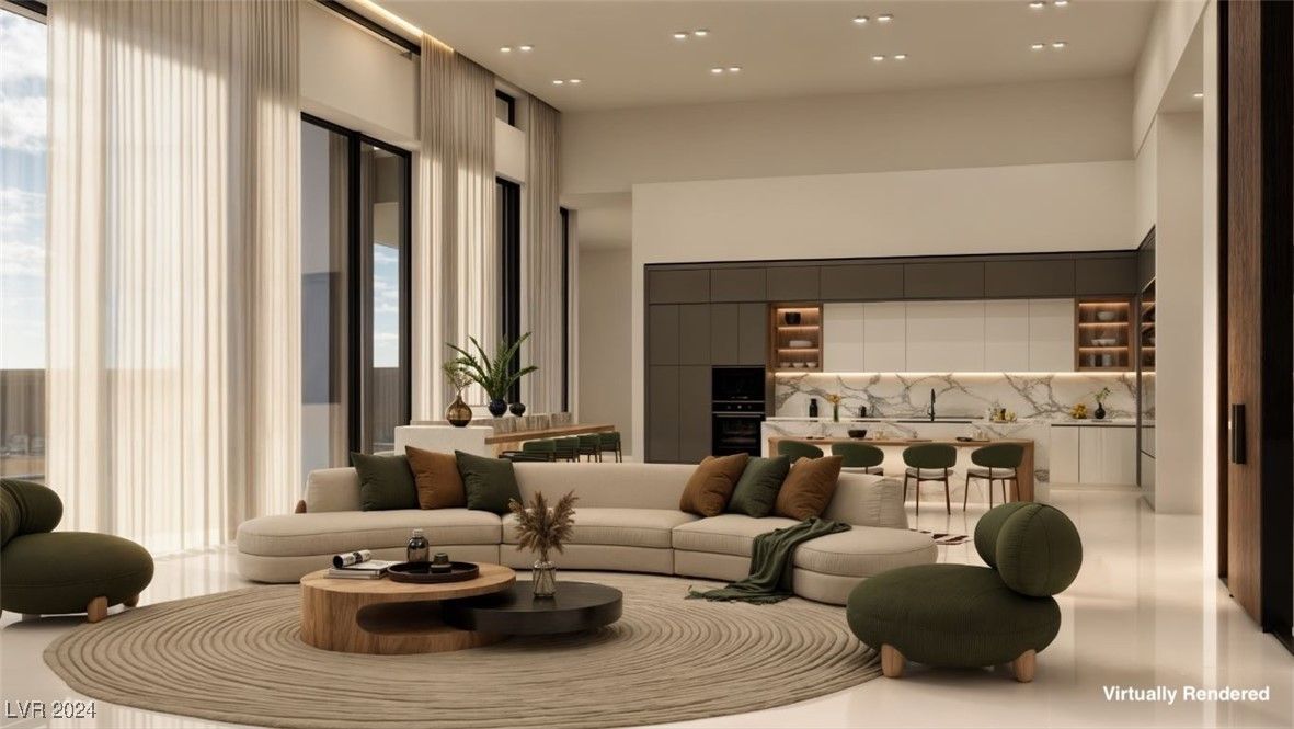 Interior, Kitchen, Living room, Marble Walls, Pendant Lights, Recessed Lighting