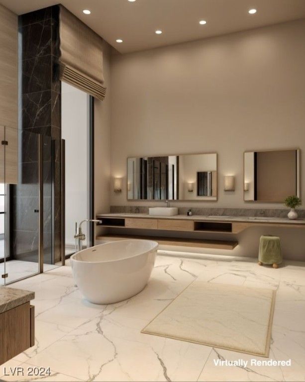 Bathroom, Dual Sink Vanities, Free Standing Baths, Glass Shower, Interior, Marble, Recessed Lighting