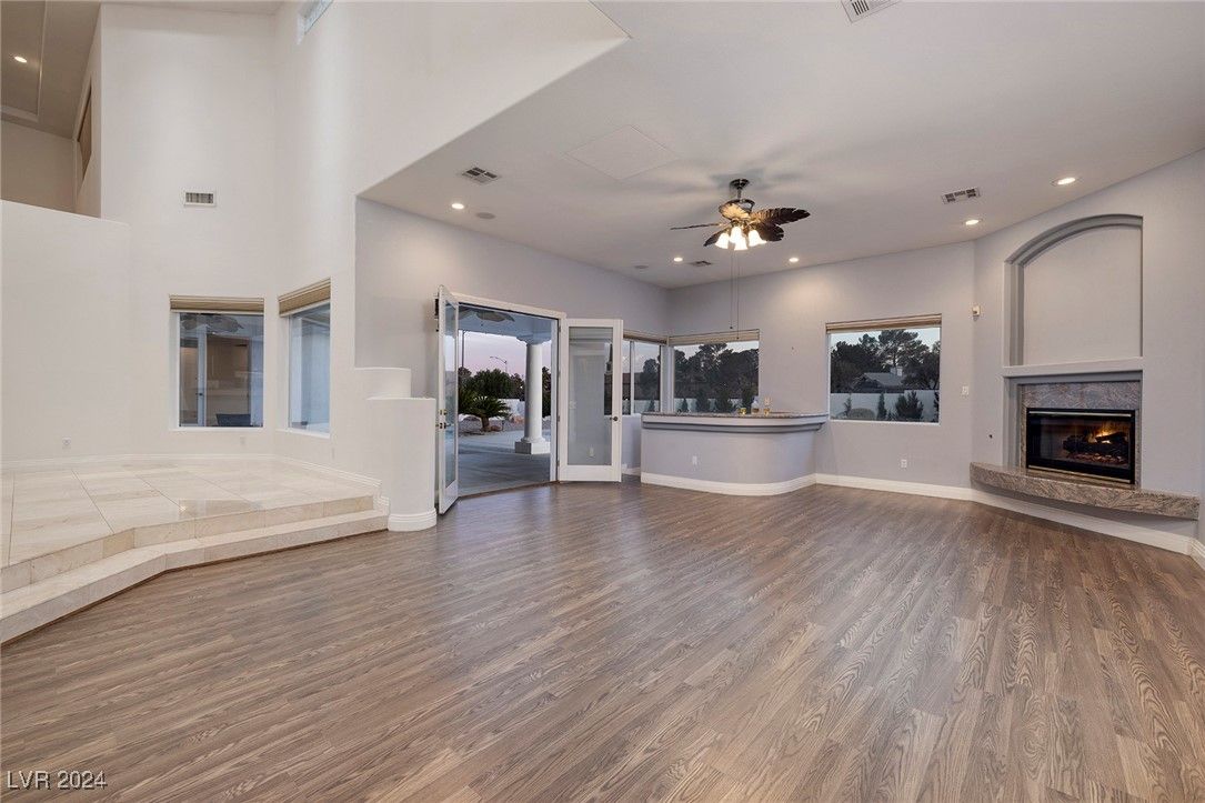 Fireplace, Interior, Recessed Lighting, Wood Texture Flooring